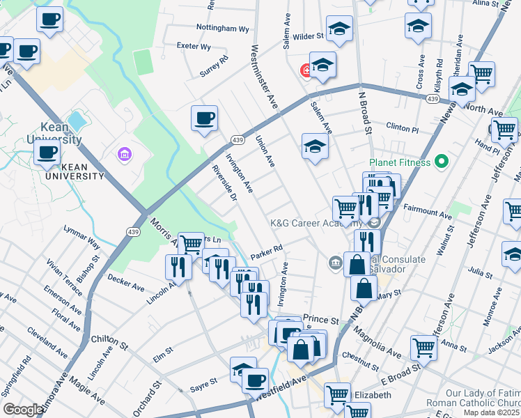 map of restaurants, bars, coffee shops, grocery stores, and more near 26 Kempshall Place in Elizabeth