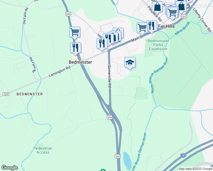 map of restaurants, bars, coffee shops, grocery stores, and more near 121 Somerville Road in Bedminster