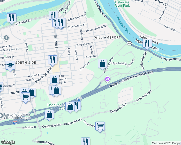 map of restaurants, bars, coffee shops, grocery stores, and more near 105 Highlands Circle in Easton