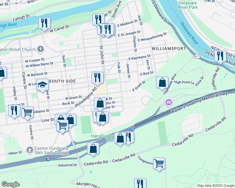 map of restaurants, bars, coffee shops, grocery stores, and more near 113 West Grant Street in Easton