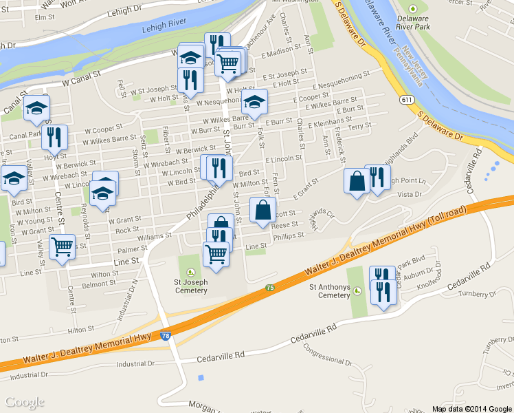 map of restaurants, bars, coffee shops, grocery stores, and more near 113 West Grant Street in Easton