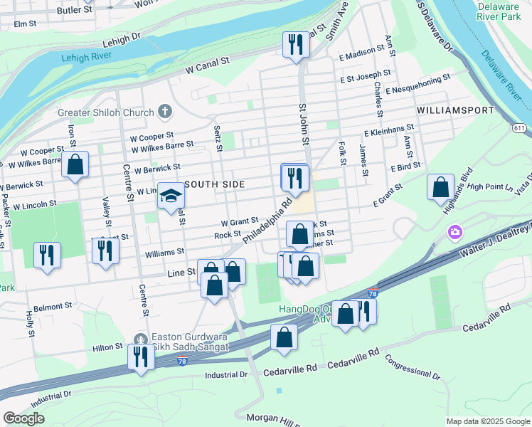 map of restaurants, bars, coffee shops, grocery stores, and more near 322 West Milton Street in Easton
