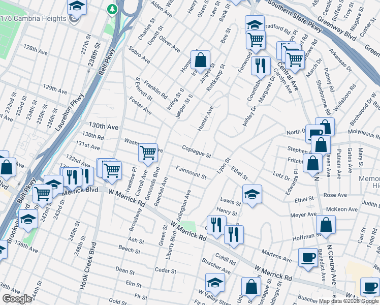 map of restaurants, bars, coffee shops, grocery stores, and more near 54 Copiague Street in Valley Stream