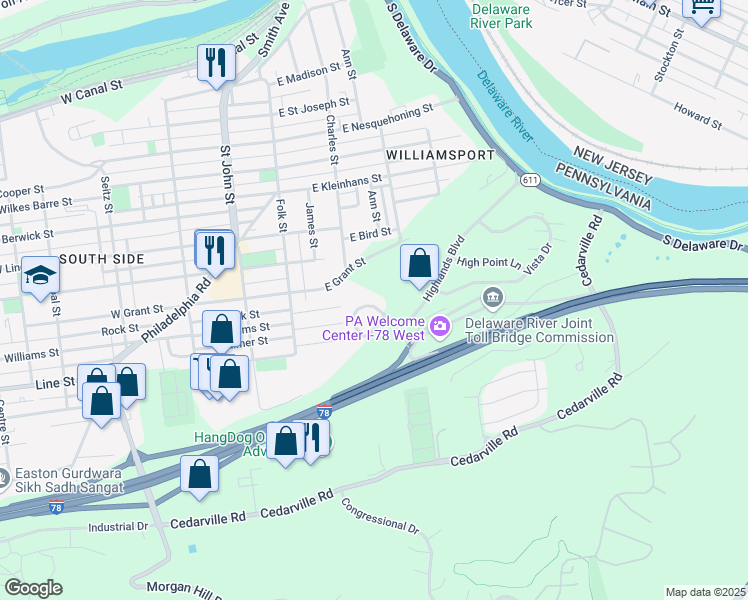 map of restaurants, bars, coffee shops, grocery stores, and more near 105 Highlands Circle in Easton
