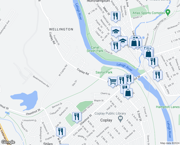 map of restaurants, bars, coffee shops, grocery stores, and more near 5110 Saylor Park Drive in Lehigh County