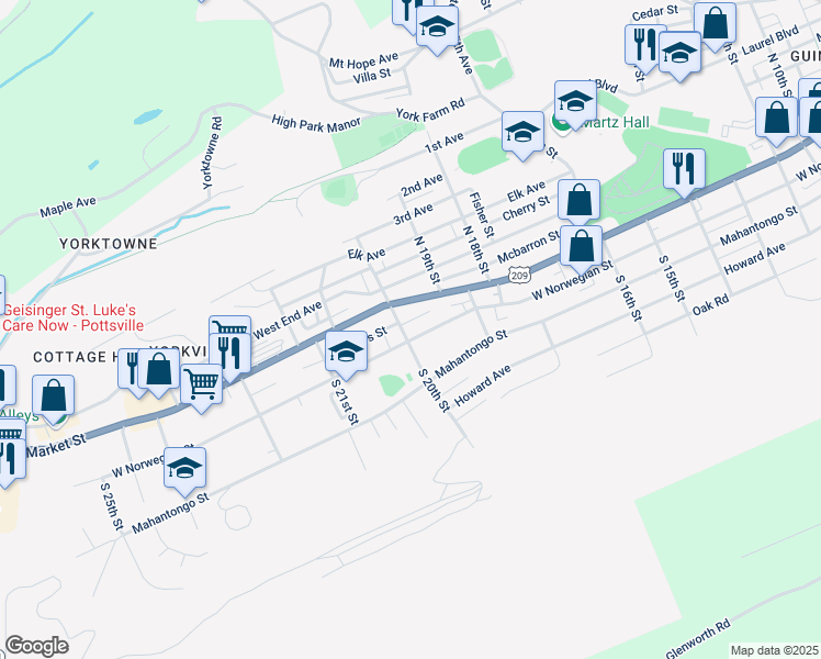 map of restaurants, bars, coffee shops, grocery stores, and more near 1968 West Norwegian Street in Pottsville