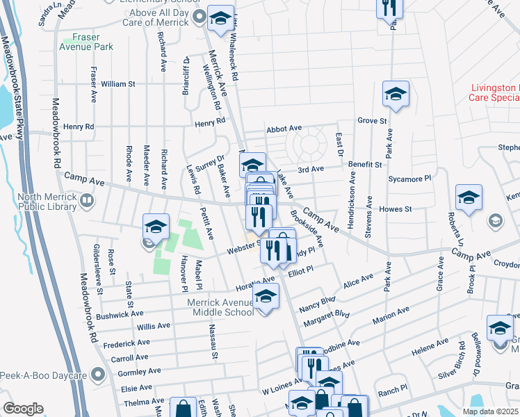 map of restaurants, bars, coffee shops, grocery stores, and more near 1407 Merrick Avenue North in Merrick