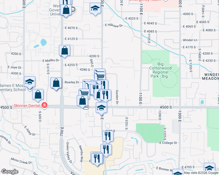 map of restaurants, bars, coffee shops, grocery stores, and more near 4365 Rose Garden Lane in Millcreek