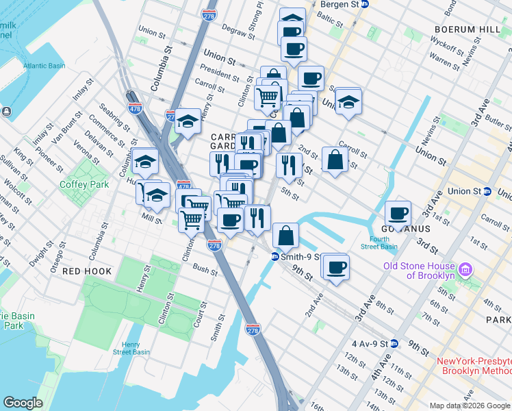 map of restaurants, bars, coffee shops, grocery stores, and more near 14 Dennett Place in Brooklyn