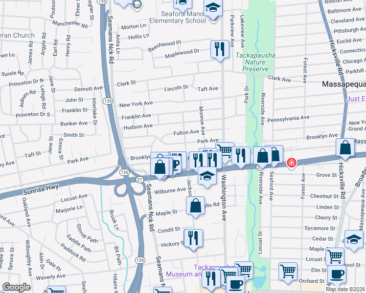 map of restaurants, bars, coffee shops, grocery stores, and more near 1865 Jackson Avenue in Seaford