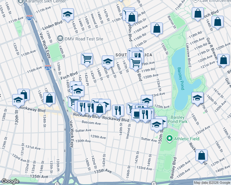 map of restaurants, bars, coffee shops, grocery stores, and more near 119-57 Inwood Street in Queens