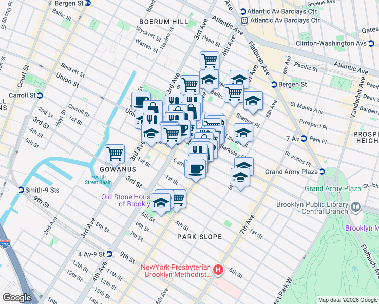 map of restaurants, bars, coffee shops, grocery stores, and more near 611 President Street in Brooklyn