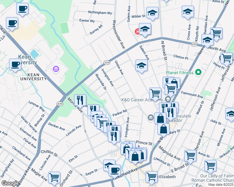 map of restaurants, bars, coffee shops, grocery stores, and more near 26 Kempshall Place in Elizabeth