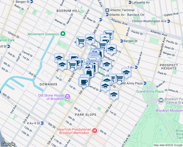 map of restaurants, bars, coffee shops, grocery stores, and more near 206 5th Avenue in Brooklyn