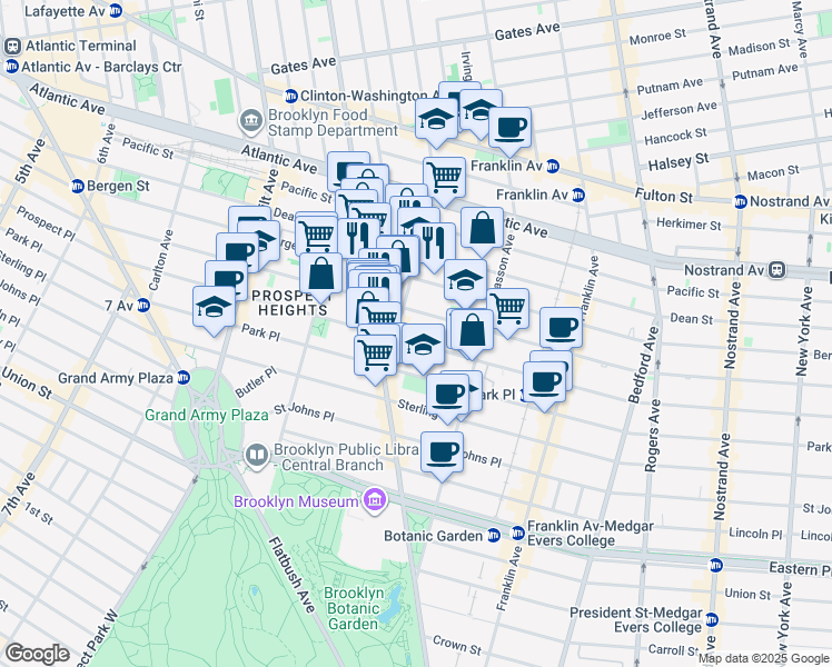 map of restaurants, bars, coffee shops, grocery stores, and more near 425 Prospect Place in Brooklyn
