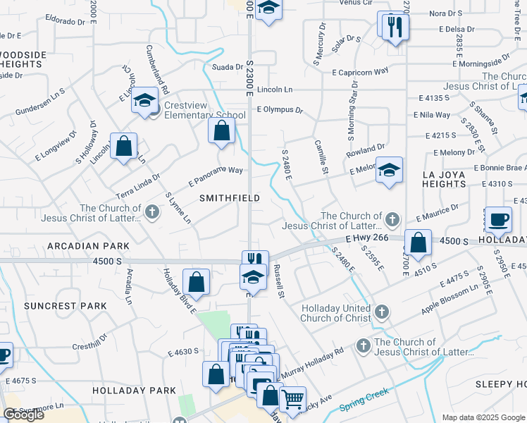 map of restaurants, bars, coffee shops, grocery stores, and more near 4500 Caprice Court in Holladay