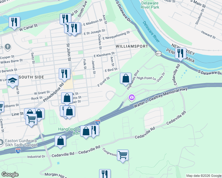 map of restaurants, bars, coffee shops, grocery stores, and more near 105 Highlands Circle in Easton