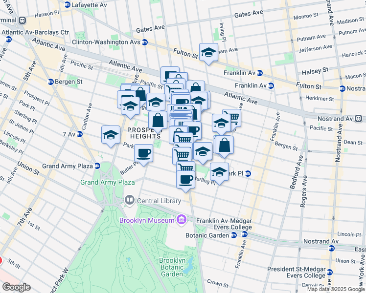 map of restaurants, bars, coffee shops, grocery stores, and more near Washington Ave & Prospect Pl in Brooklyn