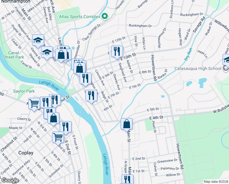 map of restaurants, bars, coffee shops, grocery stores, and more near 718 Dewey Avenue in Northampton