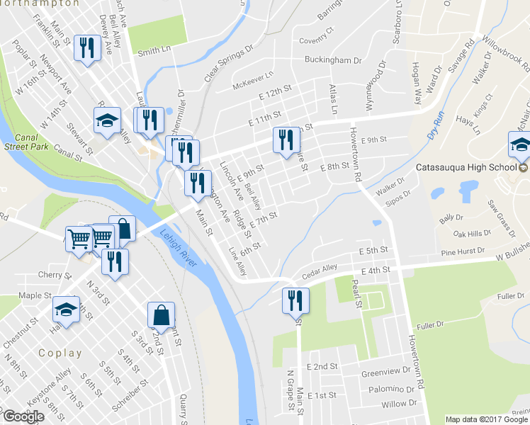 map of restaurants, bars, coffee shops, grocery stores, and more near 223 East 7th Street in Northampton
