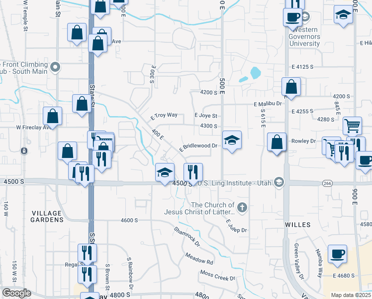 map of restaurants, bars, coffee shops, grocery stores, and more near 394 East Bridlewood Drive in Millcreek