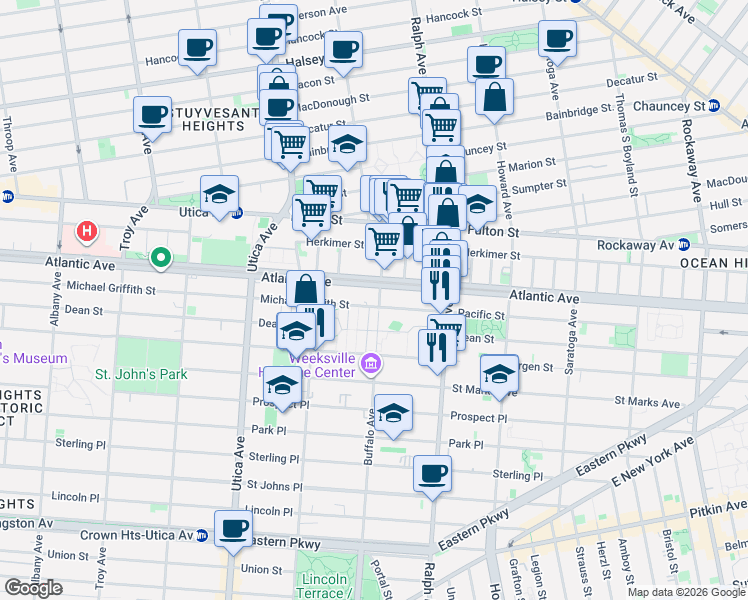 map of restaurants, bars, coffee shops, grocery stores, and more near 68 Buffalo Avenue in Brooklyn