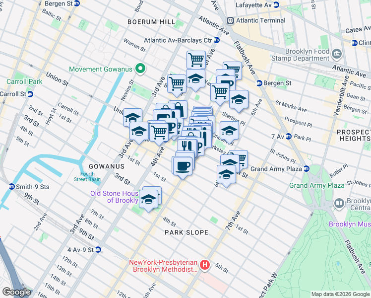 map of restaurants, bars, coffee shops, grocery stores, and more near 208 5th Avenue in Brooklyn