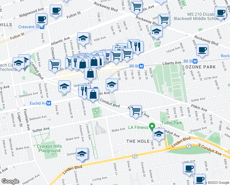 map of restaurants, bars, coffee shops, grocery stores, and more near Pitkin Ave & Drew St in Brooklyn