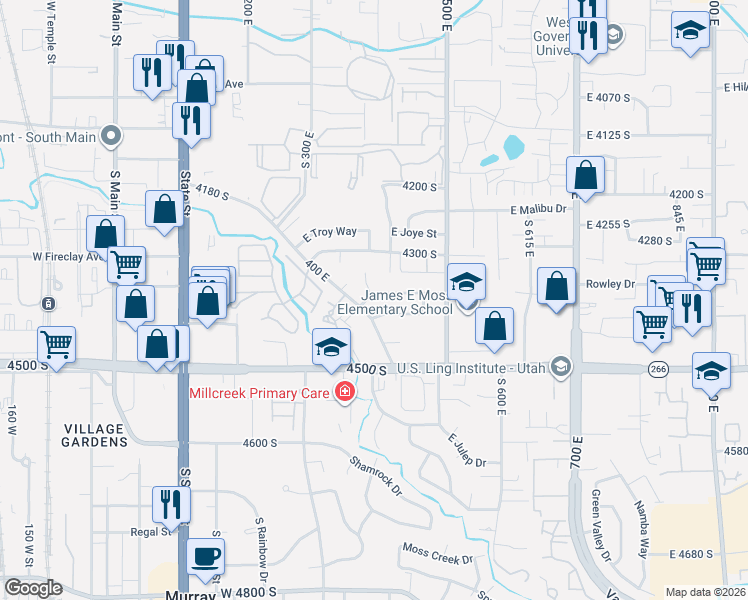 map of restaurants, bars, coffee shops, grocery stores, and more near 394 East Bridlewood Drive in Millcreek