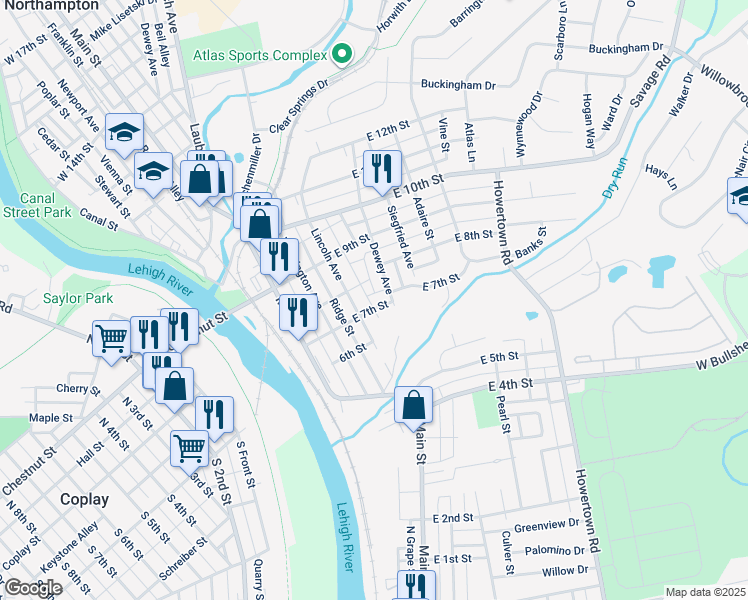 map of restaurants, bars, coffee shops, grocery stores, and more near 223 East 7th Street in Northampton