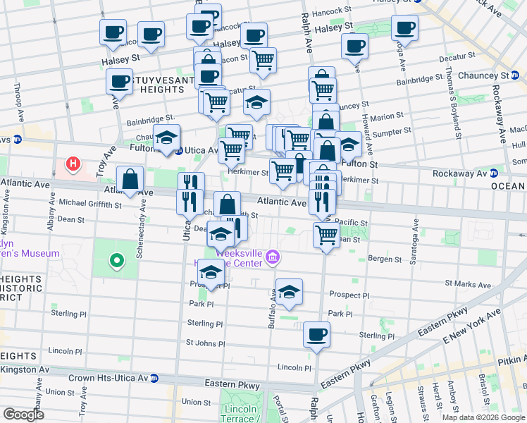map of restaurants, bars, coffee shops, grocery stores, and more near 1905 Pacific Street in Brooklyn