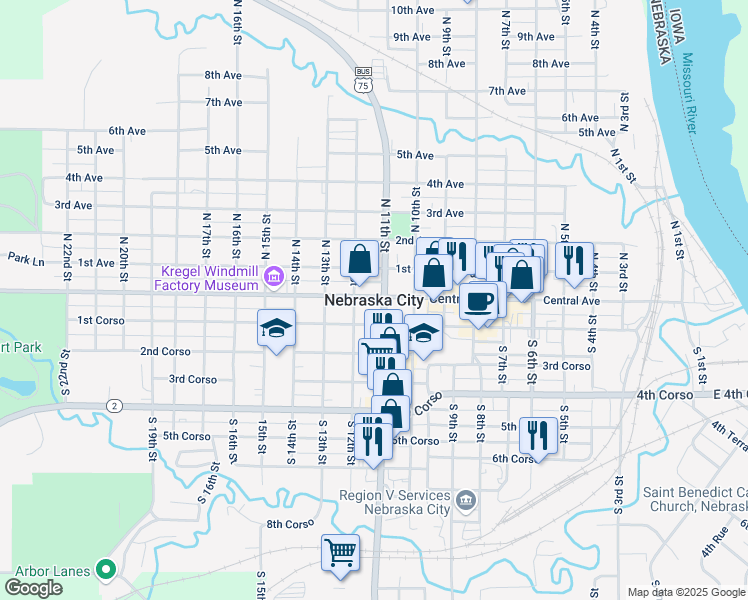 map of restaurants, bars, coffee shops, grocery stores, and more near 1100 Central Avenue in Nebraska City