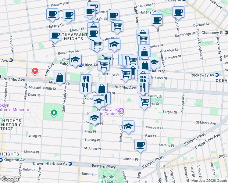 map of restaurants, bars, coffee shops, grocery stores, and more near 1891 Pacific Street in Brooklyn