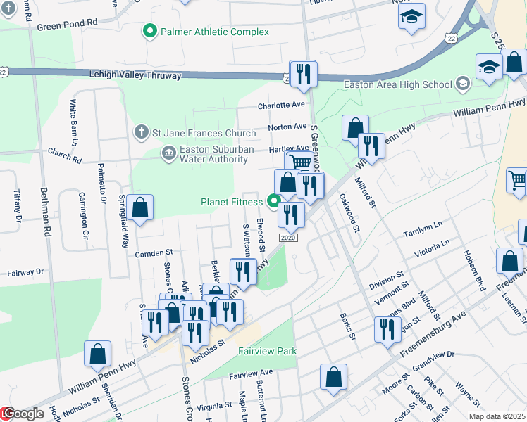 map of restaurants, bars, coffee shops, grocery stores, and more near 319 Elwood Street in Easton