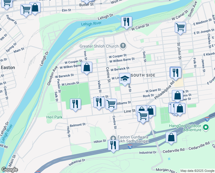 map of restaurants, bars, coffee shops, grocery stores, and more near 635 Centre Street in Easton
