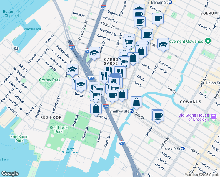 map of restaurants, bars, coffee shops, grocery stores, and more near 148 Nelson Street in Brooklyn