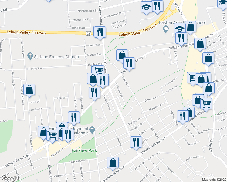 map of restaurants, bars, coffee shops, grocery stores, and more near 506 South Greenwood Avenue in Easton