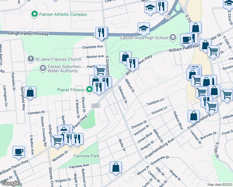 map of restaurants, bars, coffee shops, grocery stores, and more near 506 South Greenwood Avenue in Easton