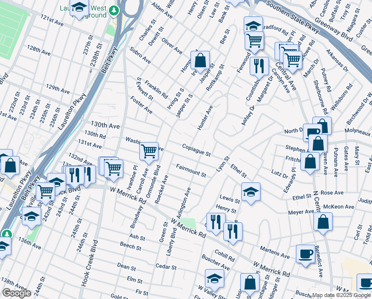 map of restaurants, bars, coffee shops, grocery stores, and more near 37 Copiague Street in Valley Stream