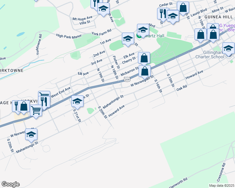 map of restaurants, bars, coffee shops, grocery stores, and more near 18 South 19th Street in Pottsville