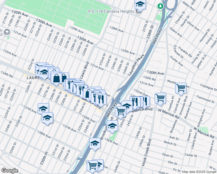 map of restaurants, bars, coffee shops, grocery stores, and more near 131-39 234th Street in Queens