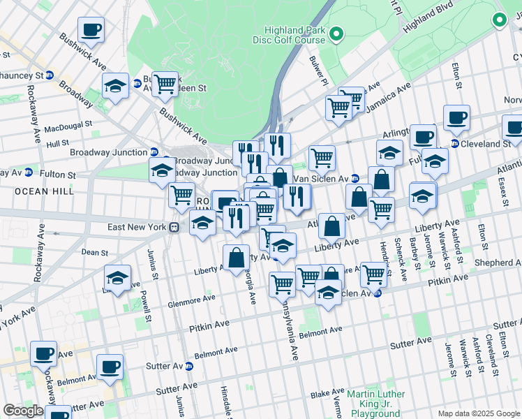 map of restaurants, bars, coffee shops, grocery stores, and more near 62 Pennsylvania Avenue in Brooklyn