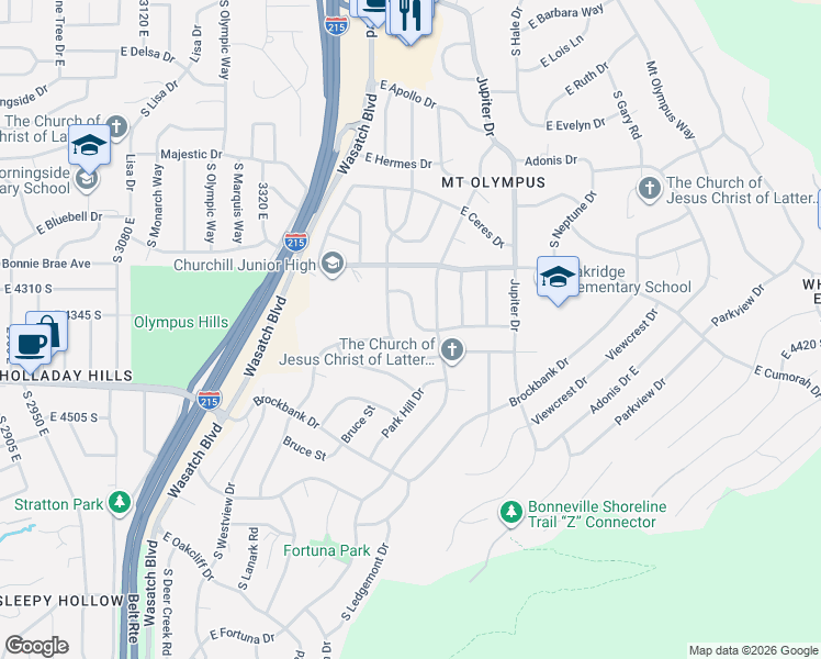map of restaurants, bars, coffee shops, grocery stores, and more near 4343 South Diana Way in Salt Lake City