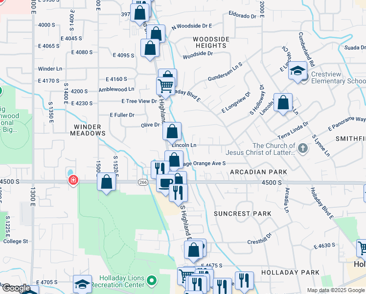 map of restaurants, bars, coffee shops, grocery stores, and more near 1753 Lincoln Lane in Holladay