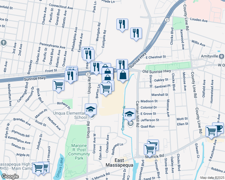 map of restaurants, bars, coffee shops, grocery stores, and more near 1000 Sunrise Highway in Massapequa