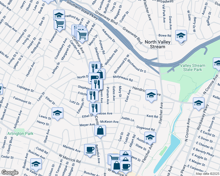 map of restaurants, bars, coffee shops, grocery stores, and more near 98 Gates Avenue in Valley Stream