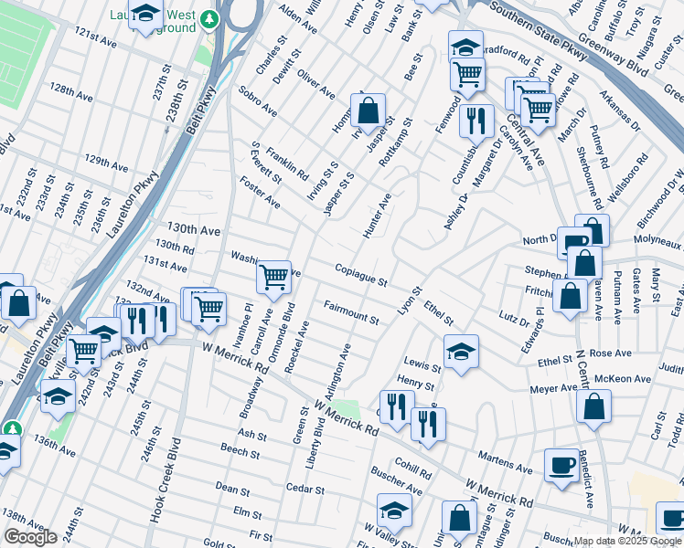 map of restaurants, bars, coffee shops, grocery stores, and more near 37 Copiague Street in Valley Stream