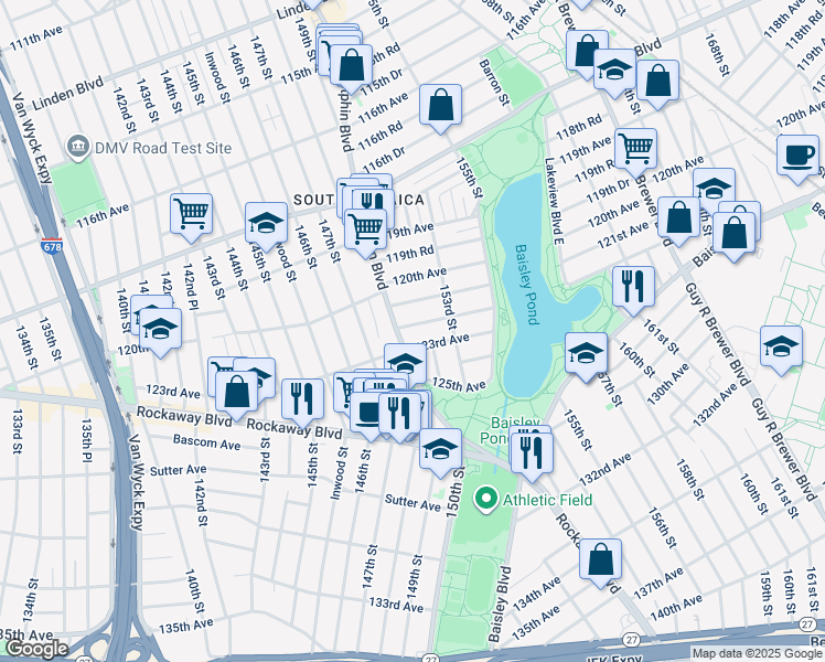 map of restaurants, bars, coffee shops, grocery stores, and more near 150-31 122nd Avenue in Queens