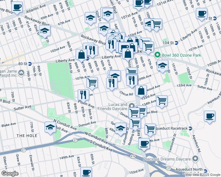 map of restaurants, bars, coffee shops, grocery stores, and more near 107-43 89th Street in Queens