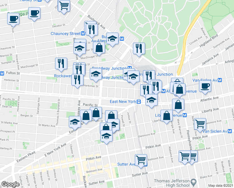 map of restaurants, bars, coffee shops, grocery stores, and more near 1422 Herkimer Street in Brooklyn